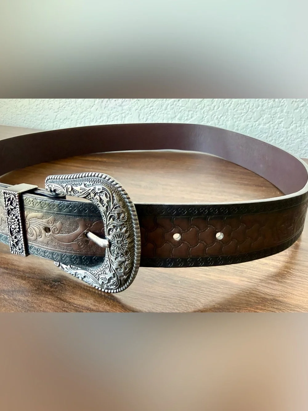 Embossed Brown Leather Western Belt with Ornate Silver Buckle Tooled M